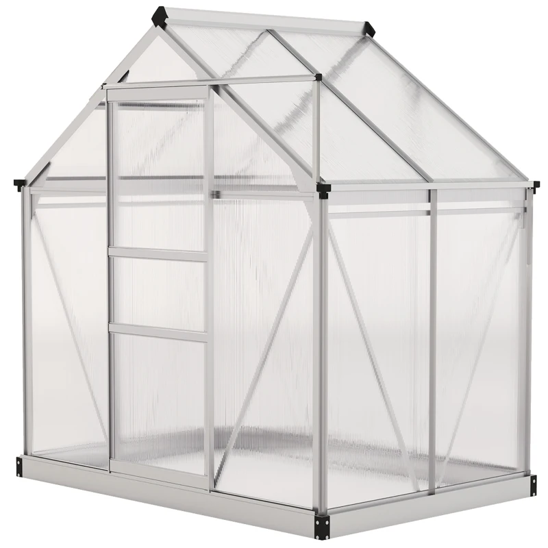 Outsunny Polycarbonate Greenhouse, Large Walk-In Green House with Slide Door and Window, Aluminium Frame, 6x4ft, Silver Tone