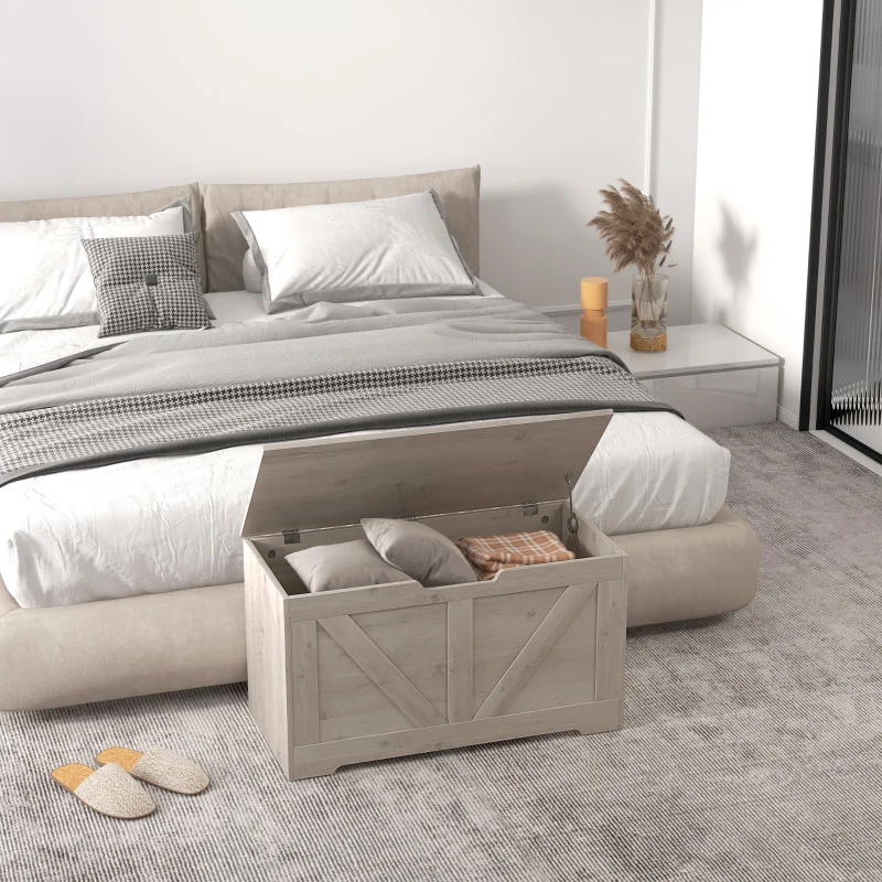 HOMCOM Coffre de rangement, banc de rangement avec couvercle rabattable et charnières de sécurité, 80 x 40 x 45 cm, gris