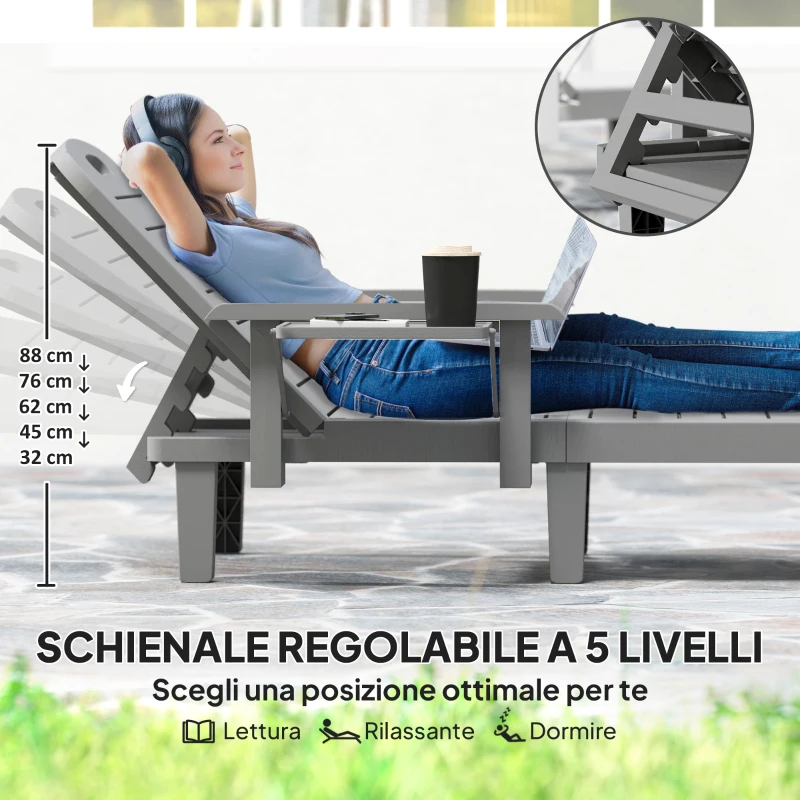 Outsunny Set 2 Sdraio da Giardino Regolabili con Tavolino e Braccioli, in Polipropilene, 79x158x88 cm, Grigio Scuro
