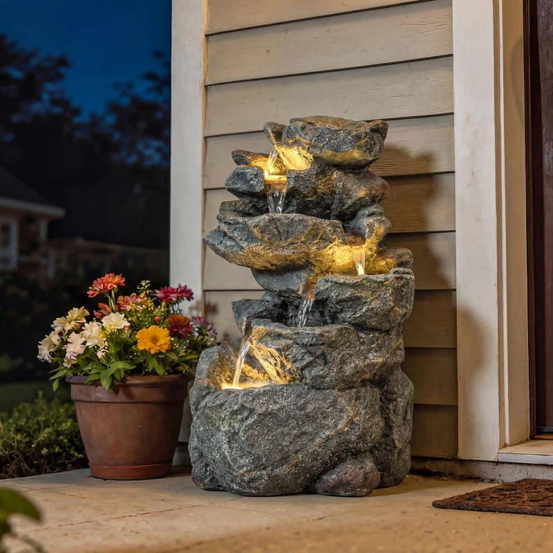 Outsunny Fuente exterior con diseño rocoso de 6 niveles, cascada de agua con luces LED, caudal regulable, gris