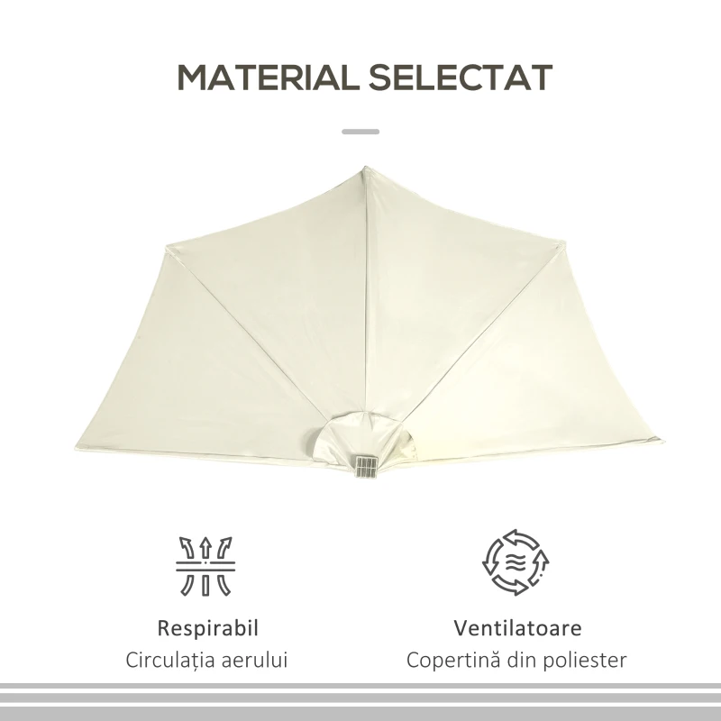 Outsunny Umbrela Semicirculara cu 20 Lumini LED, Panou Solar, Manivela si Tija in 2 Sectiuni, 265x135x240 cm, Bej