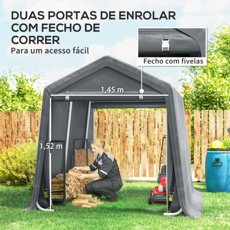 Outsunny Tenda de Jardim para Bicicletas com Estrutura Metálica, 2 Portas com Fecho, Impermeável, Anti-UV, 2,4x2x2 m, Cinzento Escuro