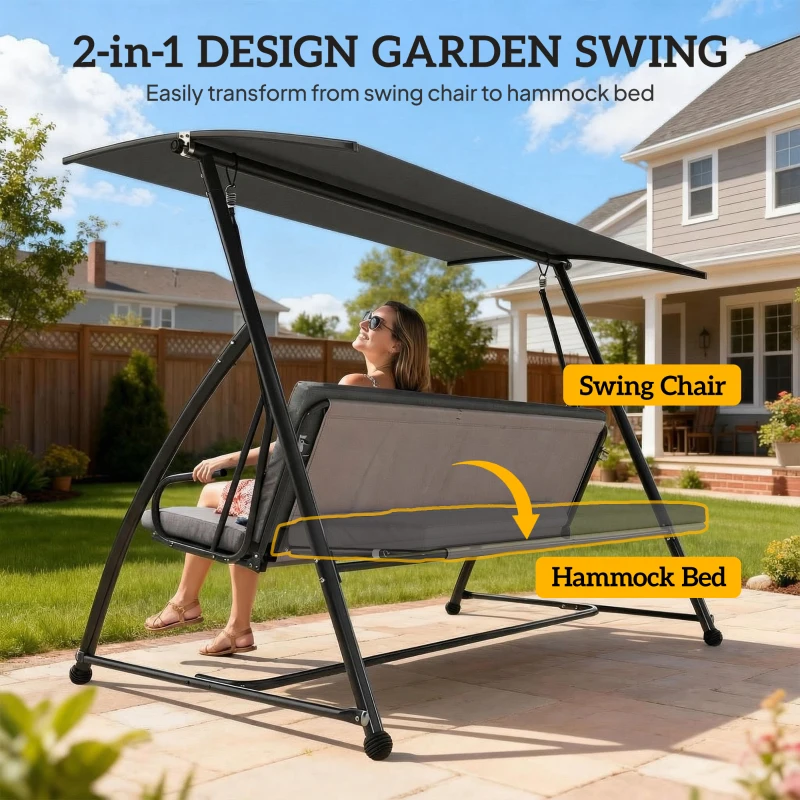 Outsunny Outdoor 2-in-1 Swing Chair Lounger 3 Seater Garden Swing Seat Bed Convertible Tilt Canopy W/ Cushion, Dark Grey