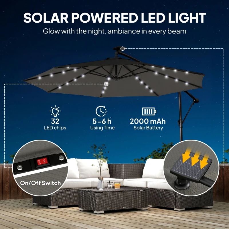 Outsunny Parasol ogrodowy LED Solar Ø300 cm, obrotowy z korbą, stojakiem i pokrowcem, ciemnoszary