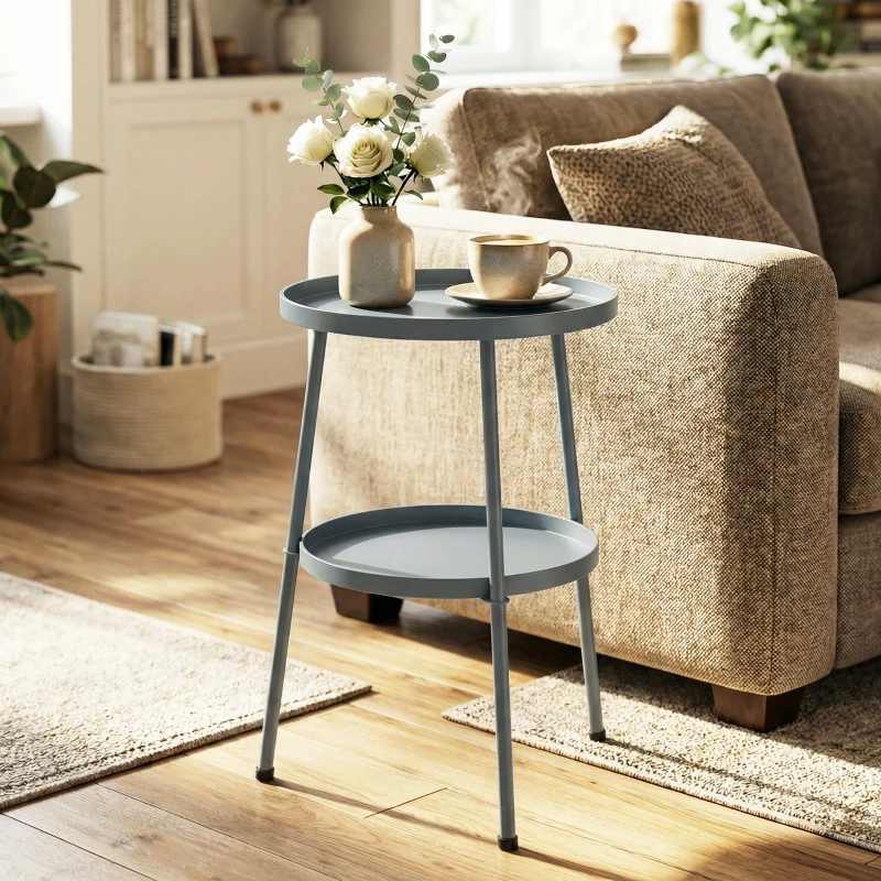 Outsunny Bijzettafel Ø36 cm, Balkontafel van Metaal, Buitentafel, Ronde Terrastafel voor Tuin, Terras of Balkon, Donkergrijs