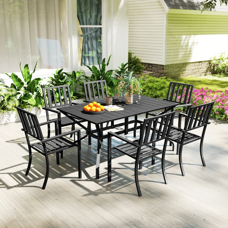 Outsunny 7 Pieces Garden Table and Chairs 6 Seater Outdoor Table and Chairs with Umbrella Hole, for Poolside, Garden, Black