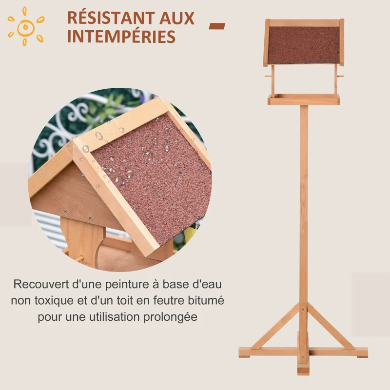 PawHut Mangeoire oiseaux extérieur sur pied, toit résistant aux intempéries, bois massif, 55 x 55 x 144 cm, bois naturel