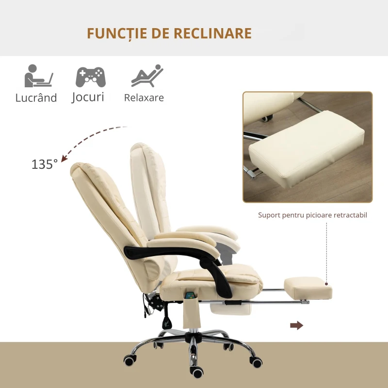 Vinsetto Fotoliu pentru Masaj Pivotant si Ergonomic cu Inaltime Reglabila cu 6 Puncte de Vibratie, 65x160x104 cm, Crem