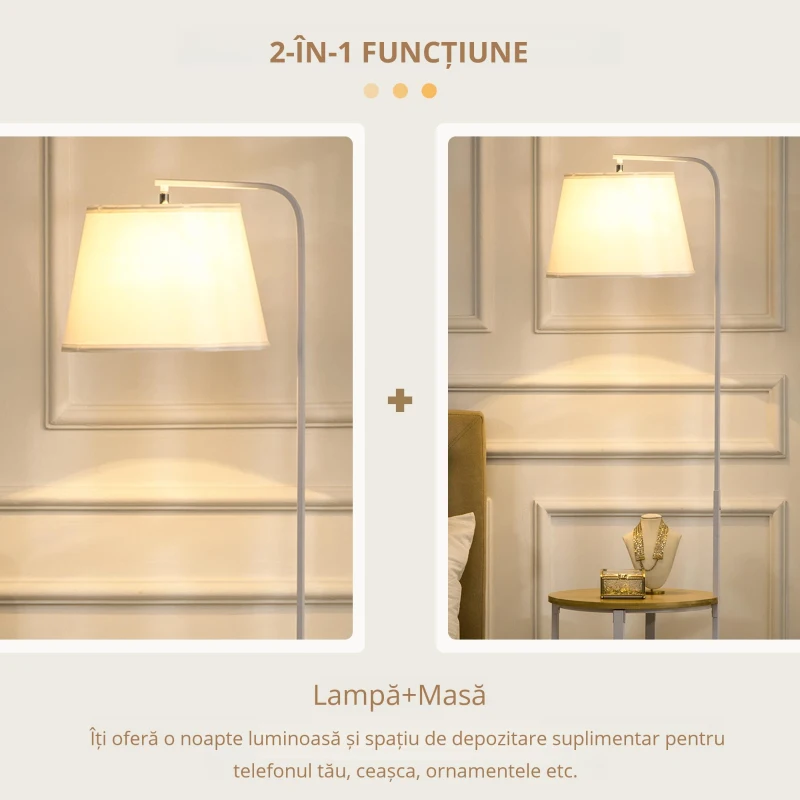 HOMCOM Lampa moderna de podea cu rafturi, cu masuta dubla din bambus, abajur din material textil, tonuri naturale