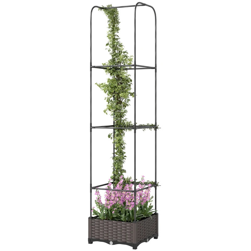 Outsunny Raised Garden Bed with Trellis, Plastic Planter Box with Drainage Holes, Drain Plugs and Water Reservoirs