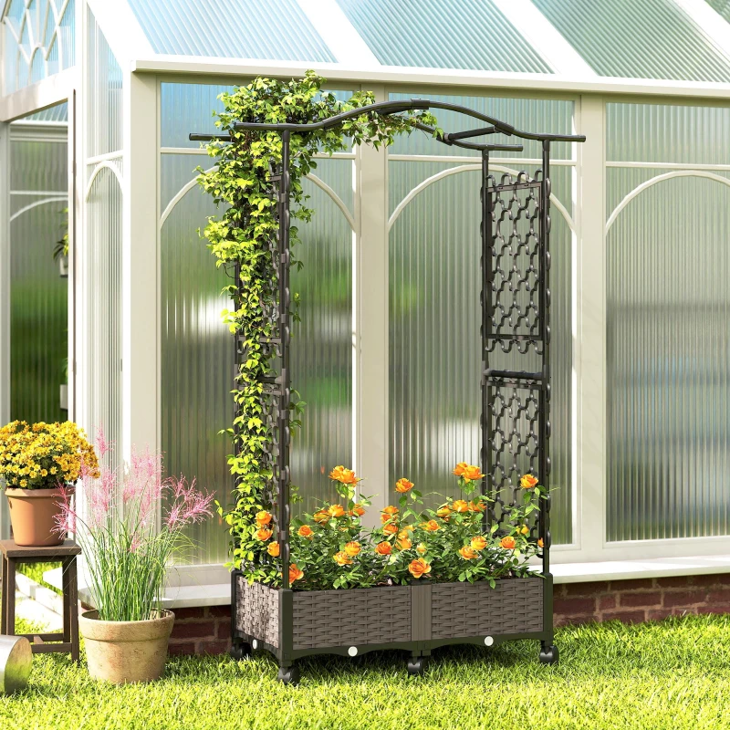 Outsunny Raised Garden Bed with Arch Trellis, Raised Bed for Garden on Wheels with Side Trellis, Self Watering Planter Box