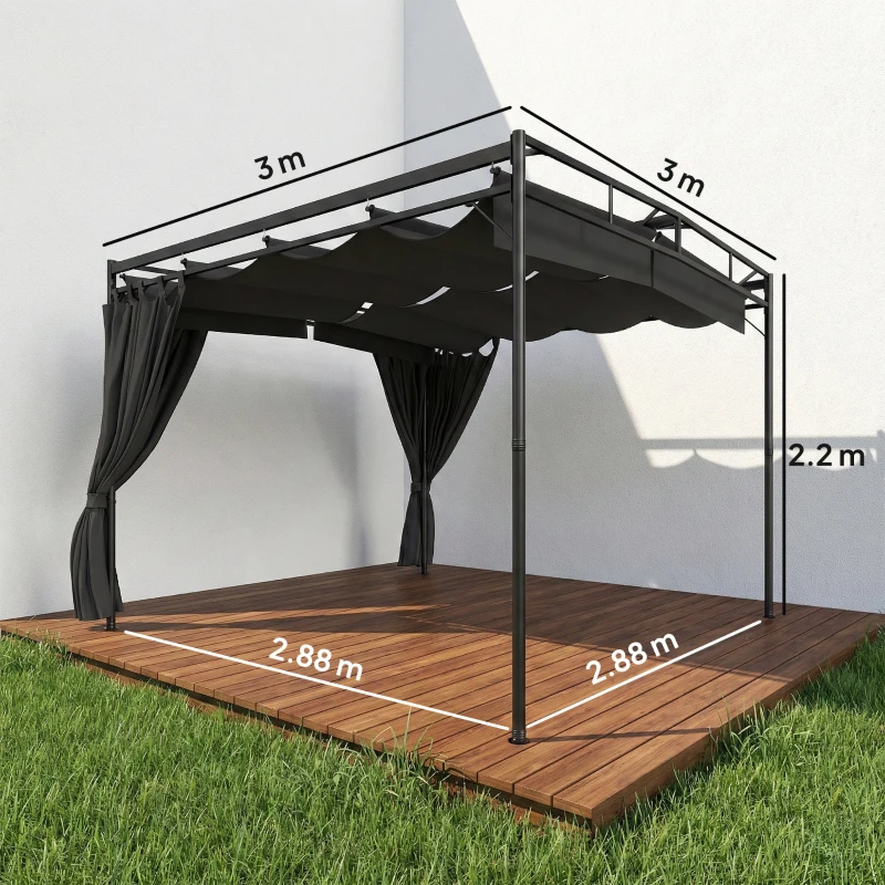 Outsunny Pergolă retractabilă 3 x 3 m cu draperii, adăpost de grădină din metal pentru terasă și patio Gri Închis