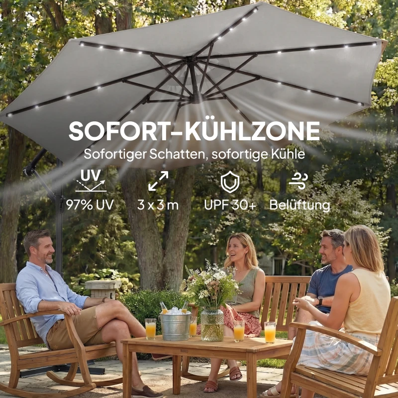 Outsunny Hangparasol LED Solar ca. Ø300 cm draaibaar parasol met slinger, voet en beschermhoes lichtgrijs