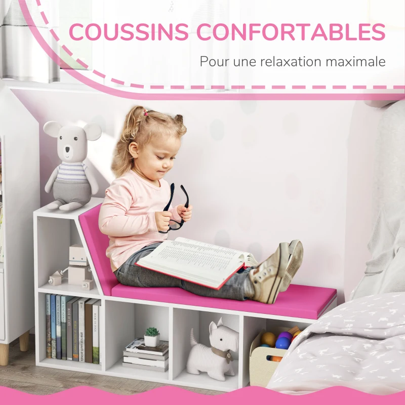HOMCOM Bibliothèque banc 2 en 1 avec 5 compartiments de rangement et 2 coussins 108 x 30 x 60 cm blanc rose
