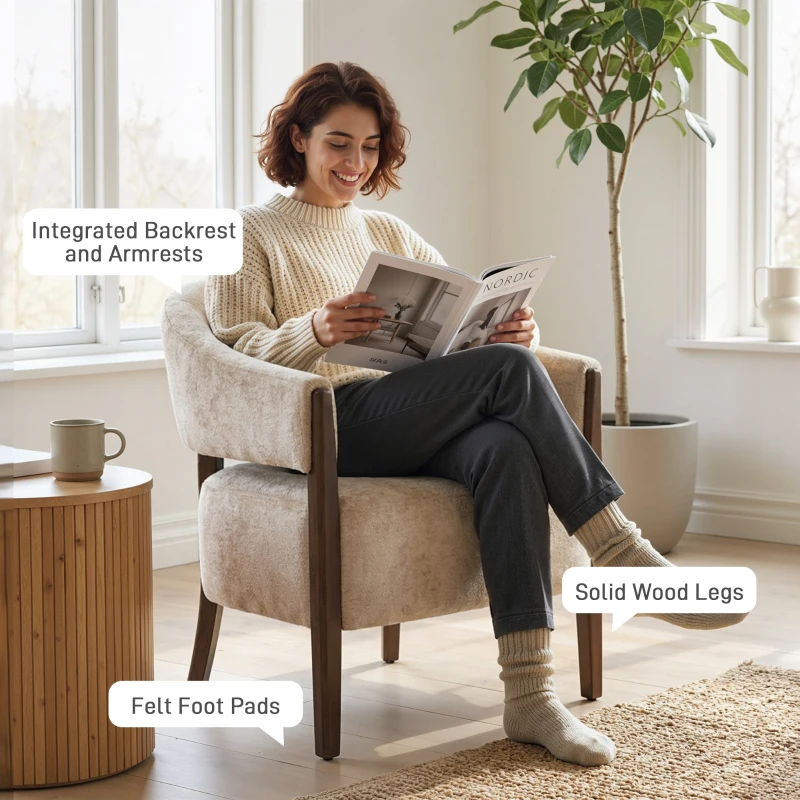 HOMCOM Fotel akcentowy, tapicerowany fotel z ramą i nogami z litego drewna, beżowy