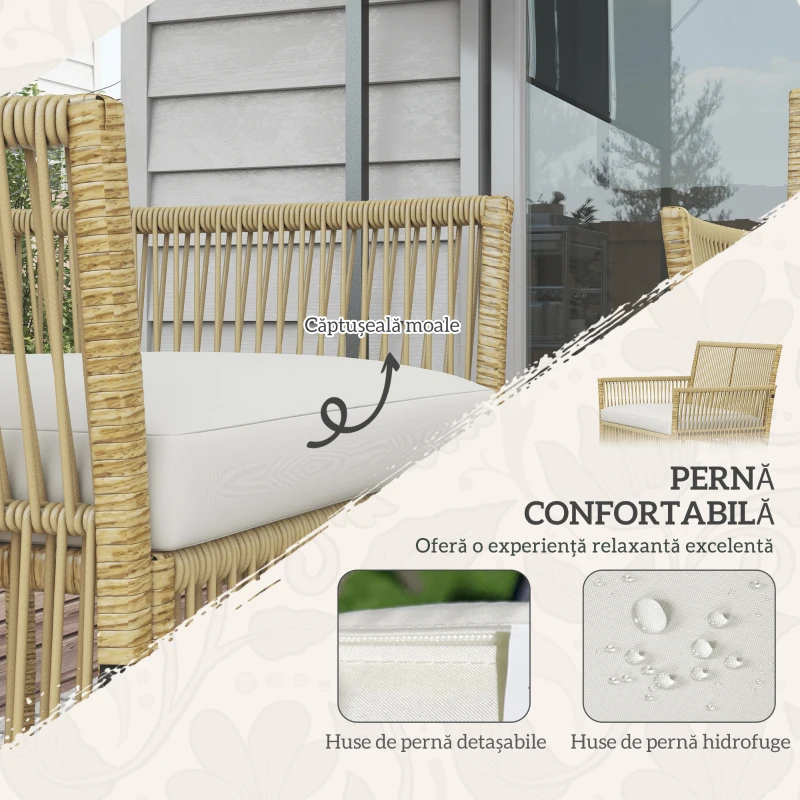 Outsunny Set de Exterior cu 2 Fotolii de Exterior, Canapea de Grădină și Măsuță de Cafea, 56x56x80 cm, Lemn Natural(m-4)