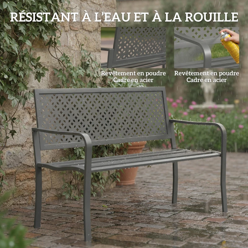 Outsunny Banc d'extérieur en métal, 2 places, avec dossier géométrique antirouille et accoudoirs, gris foncé