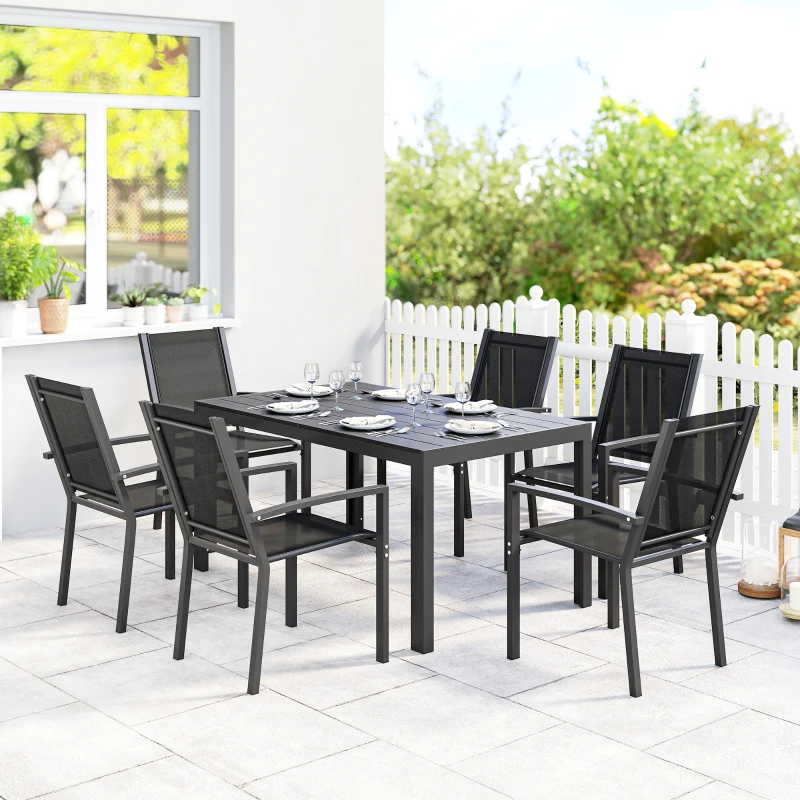 Outsunny Seven-Piece Garden Dining Set, with Plastic Wood-Top Table - Black