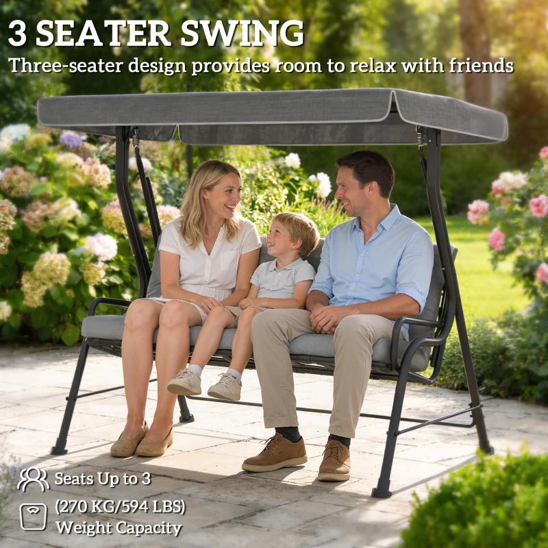 Outsunny 3-Seater Garden Swing Seat, Outdoor Swing Chair with Adjustable Waterproof Canopy, Light Grey