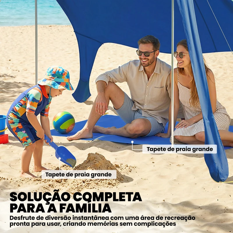 Outsunny Tenda de Praia Dobrável com Esteira UPF50+ Postes de Alumínio Pá Estacas e Bolsa de Transporte 208x200 cm Azul
