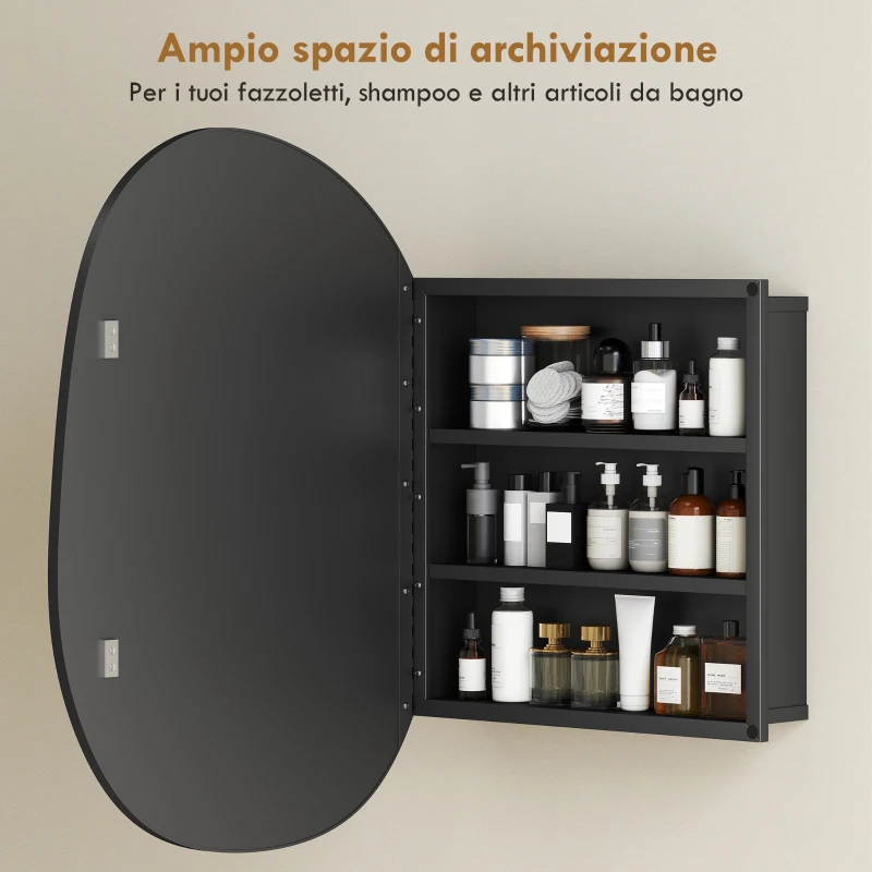 HOMCOM Armadietto da Bagno con Specchio e Spazi Portaoggetti, Montaggio a Parete, Nero
