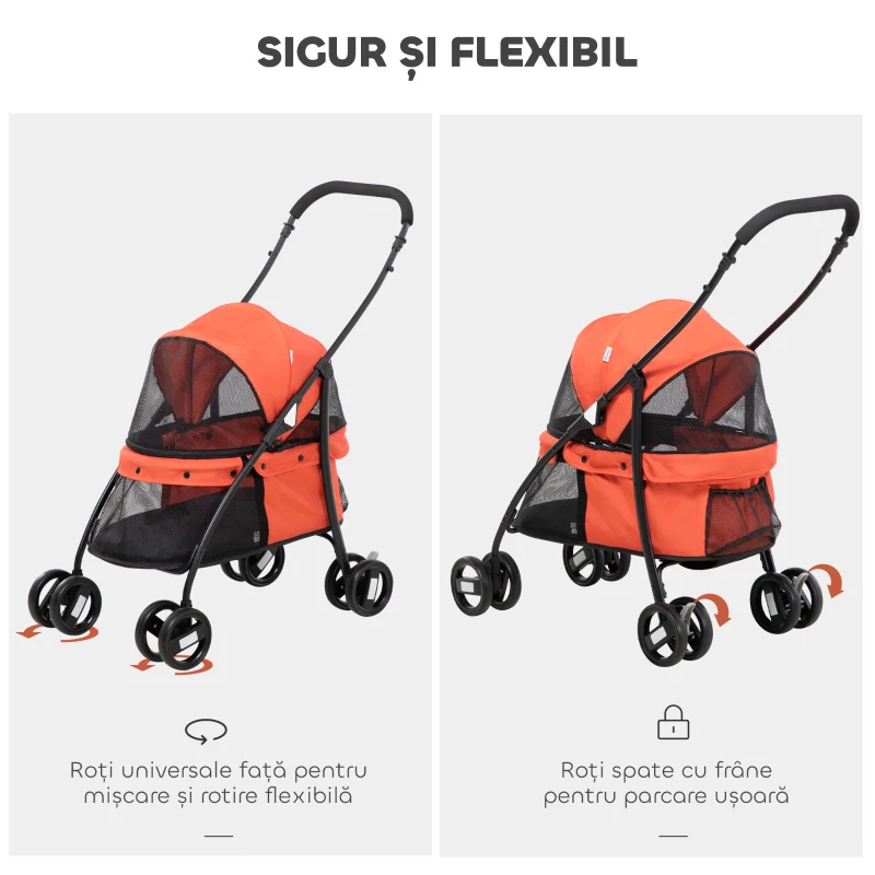 PawHut Cărucior pliabil pentru câini cu copertină reglabilă, geantă și 2 lese, 82x47x97 cm, roșu și negru