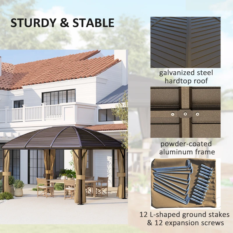 Outsunny 3 x 4m Hardtop Gazebo Canopy with Metal Roof, Aluminium Gazebo Permanent Pavilion with Netting and Curtains, Brown