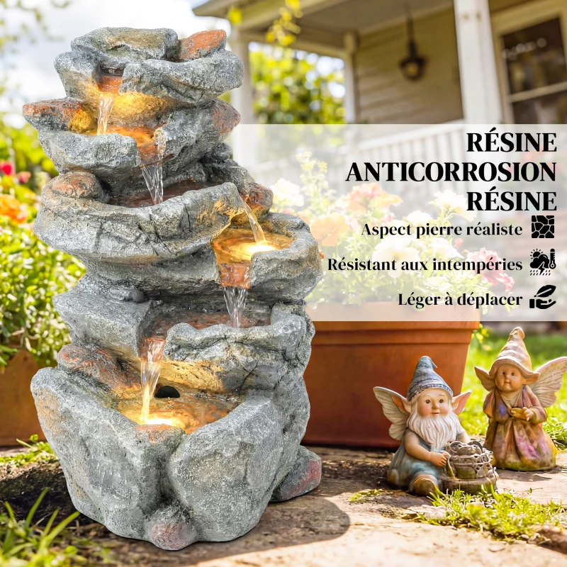 Outsunny Fântână de exterior cu design de rocă în 6 niveluri, cascadă de apă cu lumini LED, debit reglabil, gri