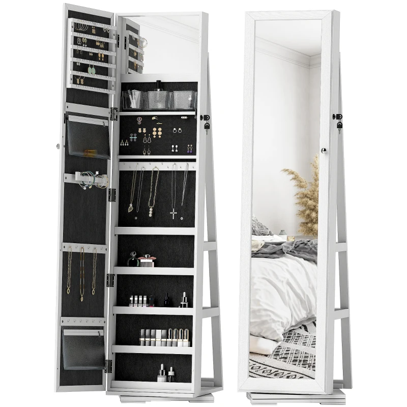 HOMCOM 360° Swivel Jewellery Cabinet, Free Standing Full Length Mirror with Storage, Lockable Jewellery Organiser with Built-in Makeup Mirror and Storage Shelves for Bedroom, White