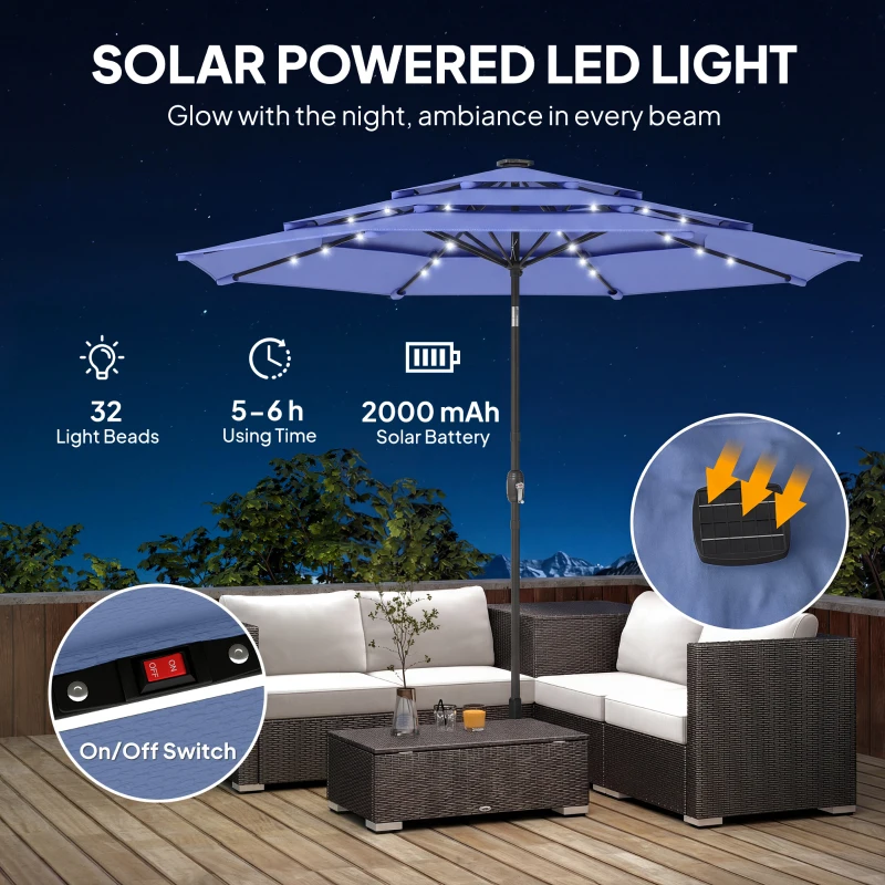 Outsunny 2.8 m Garden Parasol Umbrella with LED Solar Light, Parasol Cover, 3 Tier Outdoor Table Market Patio Umbrella, Navy Blue