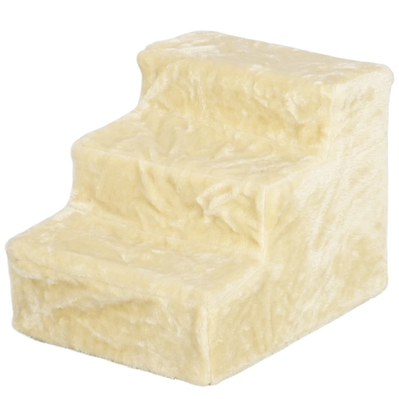 PawHut Three-Step Dog Stairs, with Washable Plush Cover, for High Bed Sofa, Dog Stairs for Small Dog and Cat - Beige