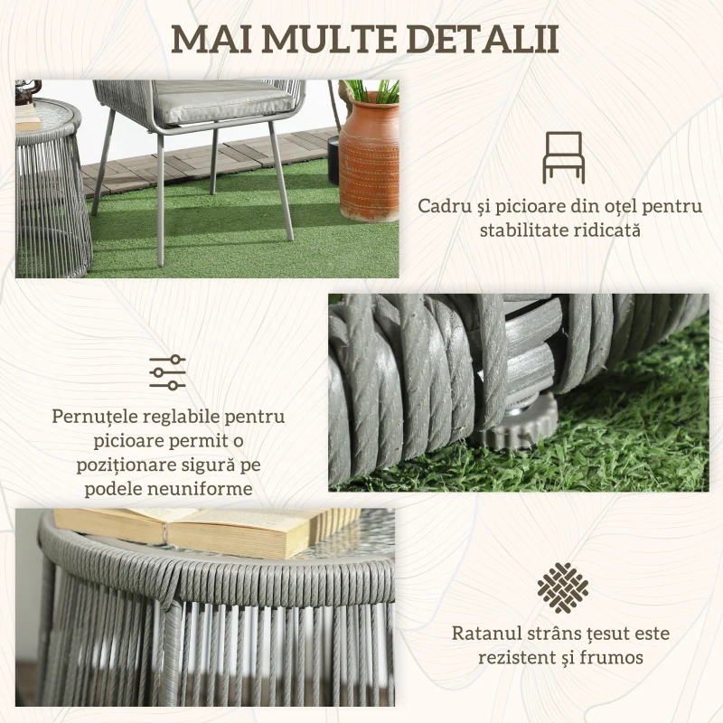 Outsunny Set Mobilier de Grădina cu 2 Scaune și Măsuță de Cafea cu Blat din Sticlă, Ø49x47 cm, Gri