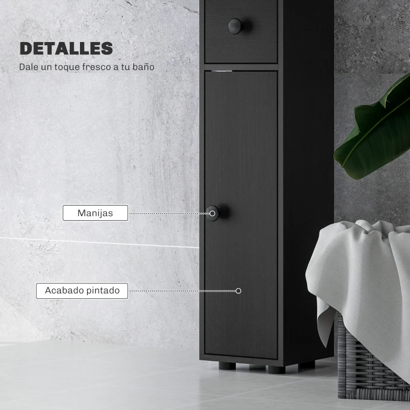 kleankin Armario de Baño Alto Columna de Baño Estrecha con 1 Cajón 4 Estantes Abiertos y Estantes Ajustables 20x20x180 cm Negro