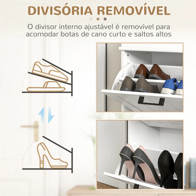 HOMCOM Sapateira Estreita com 2 Gavetas Basculantes Moderno com Prateleiras Ajustáveis para 10 Pares Branco