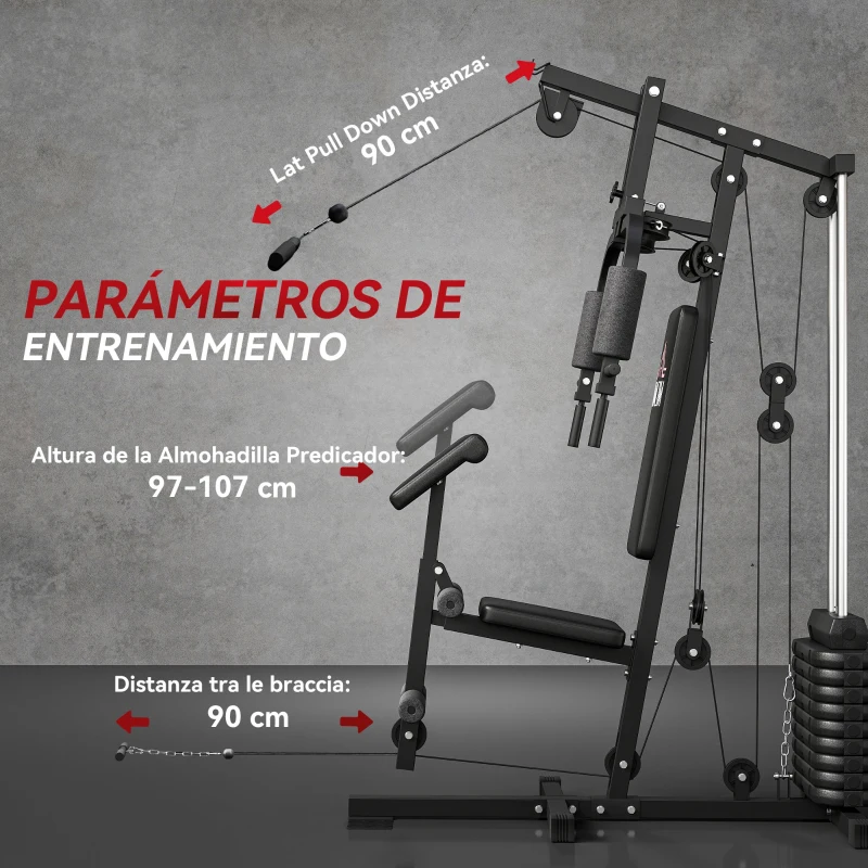 HOMCOM Máquina de Musculación con Placas de Peso de 45 kg Carga Max. 100 kg para Entrenamiento Fitness en Hogar Gimnasio Negro