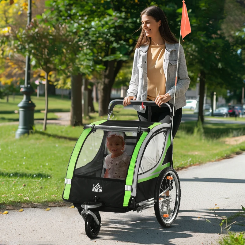 HOMCOM 2-in-1 Fietskar voor 2 Kinderen, Duwfunctie, Regenbescherming, Rem, Groen(m-10)