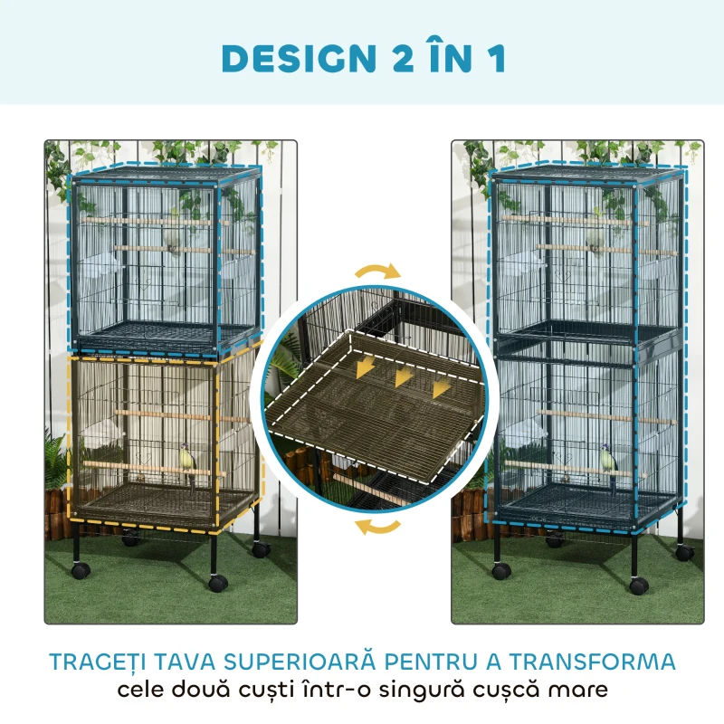 PawHut Colivie Pasari 140 cm cu Roti si Accesorii