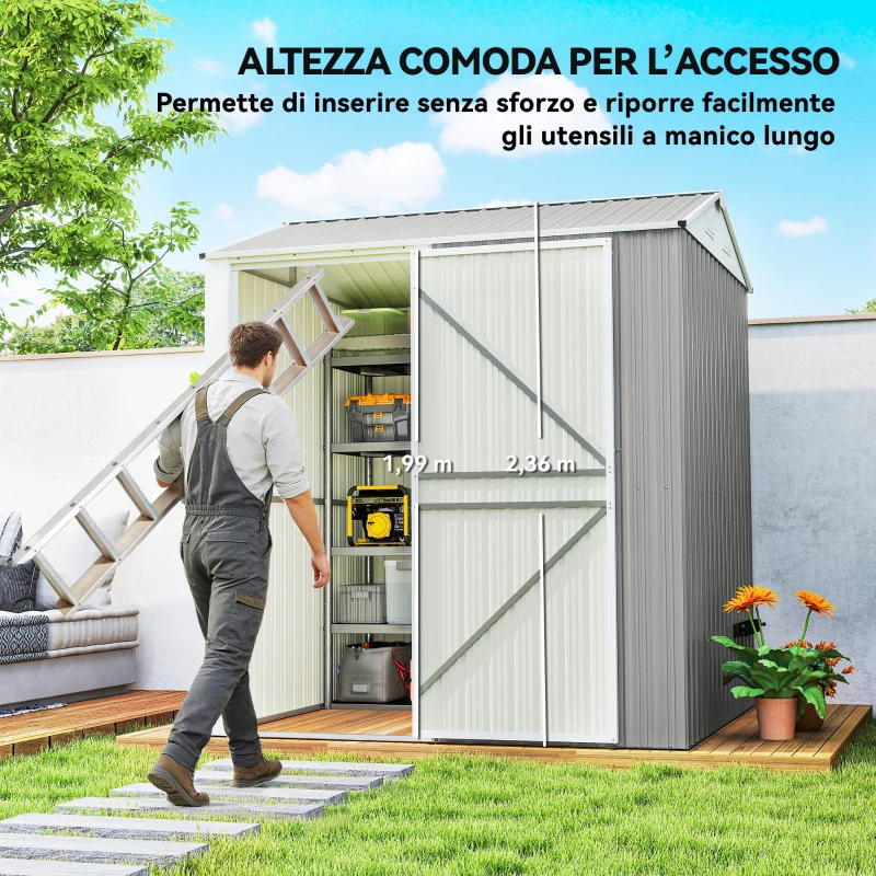 Outsunny Casetta da Giardino Alta in Acciaio da 3.51m² con Prese d'Aria e Porta Bloccabile, 209x177x236 cm, Argento
