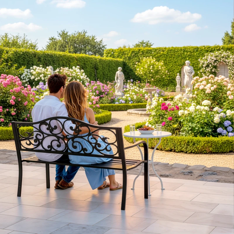Outsunny Metal Garden Bench with Floral Backrest and Armrests - Black