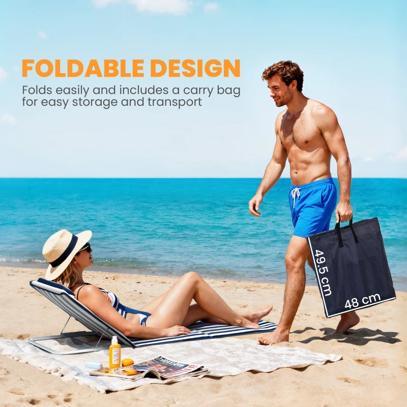 Outsunny Składany leżak plażowy z poduszką, 5-stopniowe oparcie, torba, niebieski