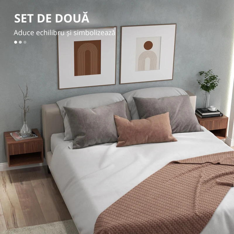 HOMCOM Set 2 Noptiere Suspendate cu Sertar și Raft Inferior Deschis, Noptiere pentru Dormitor din MDF, 40x34x29 cm, Maro(m-4)