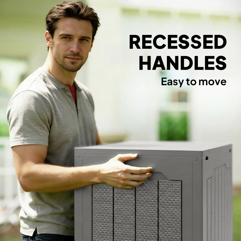 Outsunny 93L Plastic Garden Storage Box, Outdoor Storage Box with Handles, Waterproof Outdoor Storage Container, Khaki