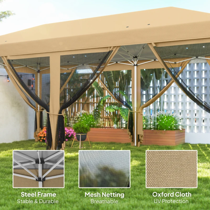 Outsunny 3 x 6m Pop Up Gazebo, Outdoor Canopy Shelter, Marquee Party Wedding Tent with 6 Mesh Walls and Carry Bag, Beige