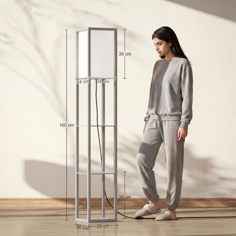 HOMCOM 3-Tier Floor Lamp, Floor Light with Storage Shelf, Reading Standing Lamp with Acrylic Shade for Living Room, Bedroom, Kitchen, Dining Room, Office, Dorm, 160cm, Grey