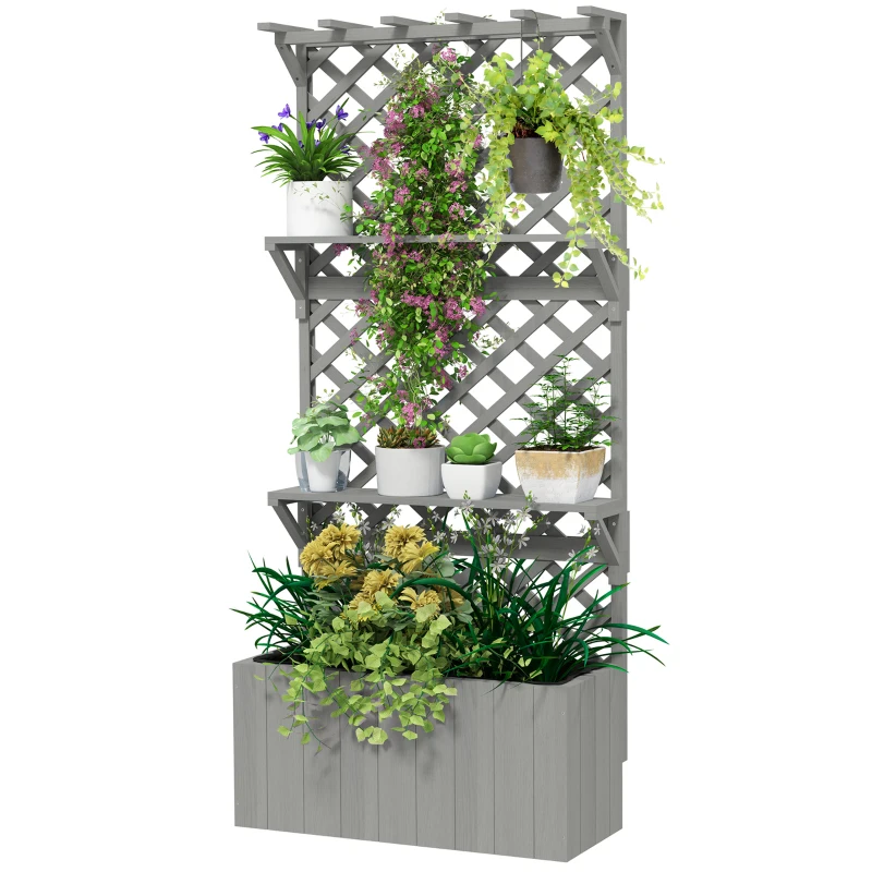 Outsunny 52L Wooden Planter, with Trellis and Shelves - Grey