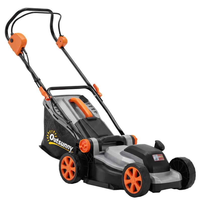 Outsunny Cortador de Relva Elétrico 1200 W com 34 cm de Largura de Corte 35L Cesto Função Mulching 6 Alturas de Corte Guiador Ajustável