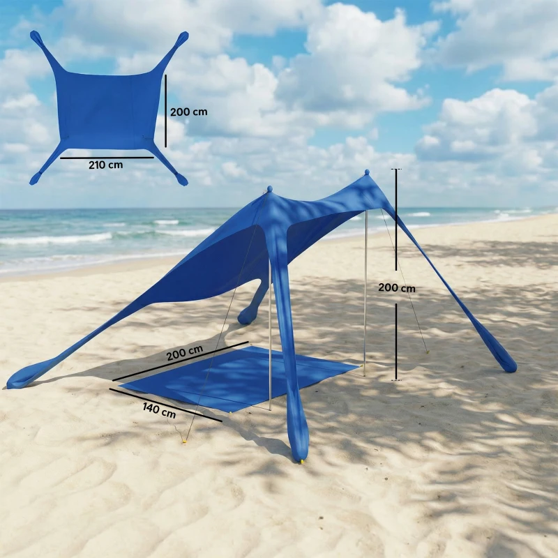 Outsunny Tenda Spiaggia 2-4 Persone, Tappetino, Paletta, Parasole UPF50+, Blu