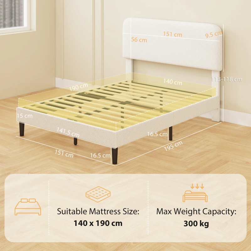 HOMCOM Letto matrimoniale imbottito 140x190 cm con testiera regolabile e doghe, Bianco