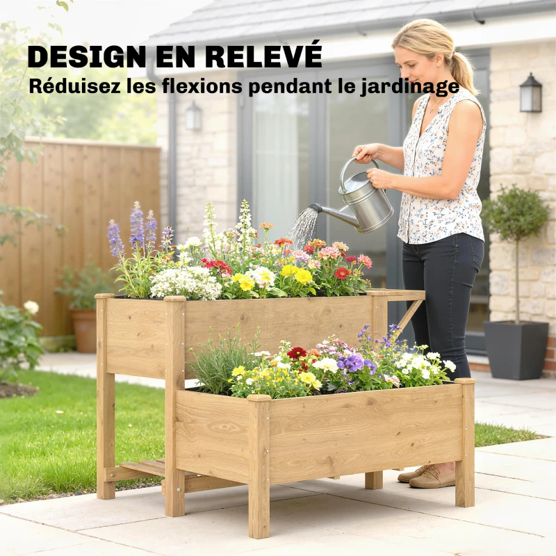 Outsunny Potager sur Pieds à 2 niveaux Jardinières surélevées étagères doublure trous de drainage 119,5x102x76,5cm, marron clair
