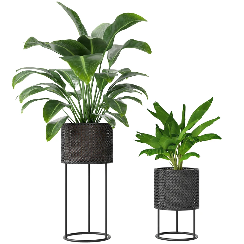 Outsunny Metal Plant Pots Set of 2 with Hollow Design Flower Planters for Garden Balcony Black